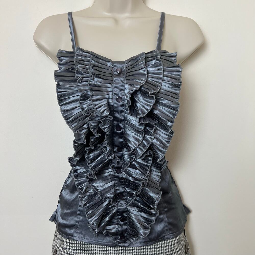 Y2K Poetry Ruffled Satin Stretch Fit Tank Top Gray Large